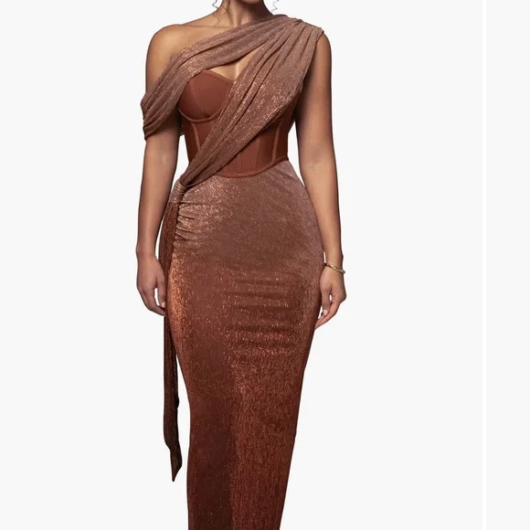 JLUXLABEL One-Shoulder Metallic Copper Brown Evening Gown - Picture 1 of 3